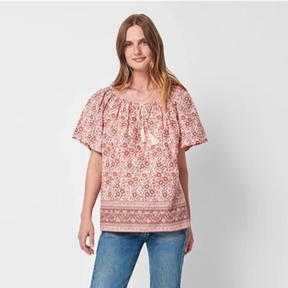 Faherty Florence Organic Cotton Peasant Blouse Earth Block Print Blouse sz S NWT